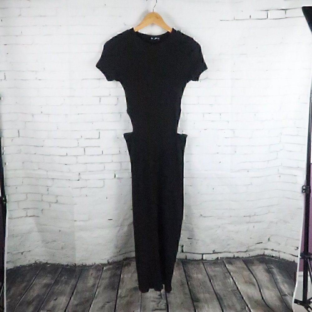 TOBI BLACK RIBBED CREW NECK CAP SLEEVE CUT OUT SIDES MAXI DRESS SIZE LARGE